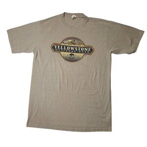 VTG Yellowstone National Park Mens L T-Shirt Beige Eco Mountain Bison Wolf 1872